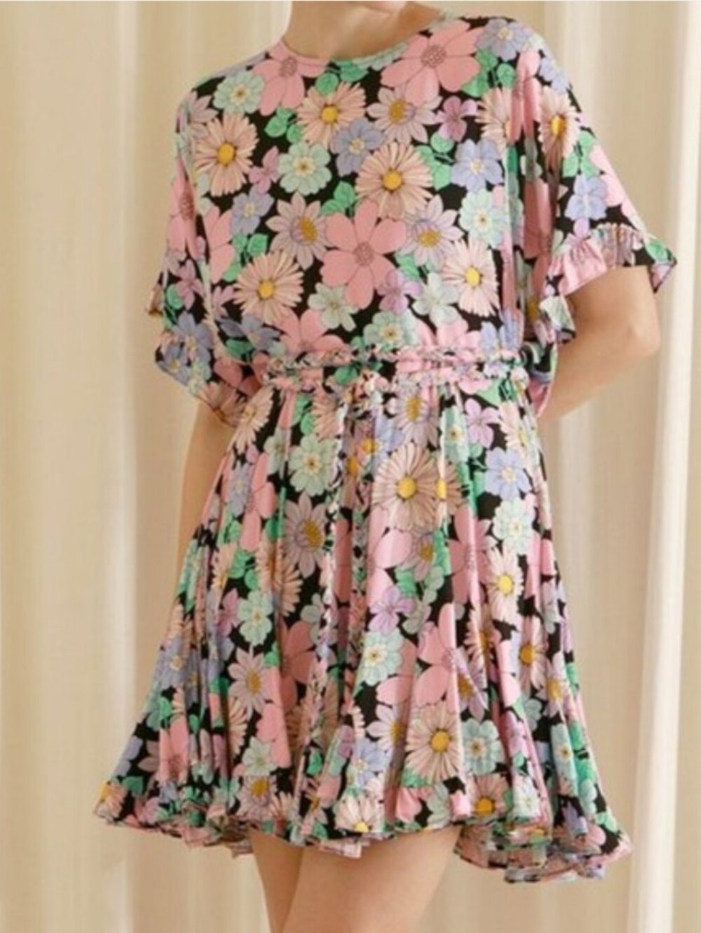 Tallulah Retro Floral Braided Belted Kimono Sleeve Dress Ruffles Flowy Small